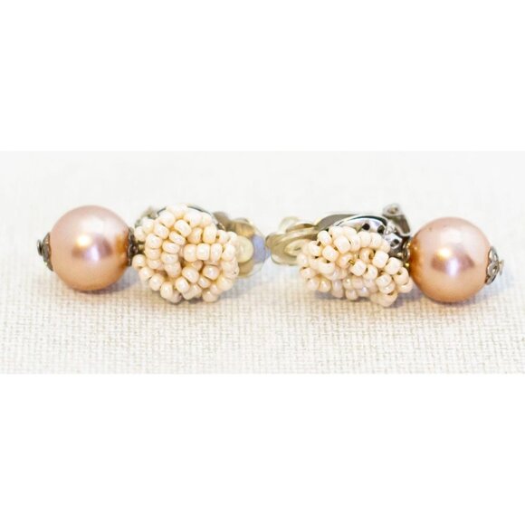 Vintage Faux Pearl Spiral Beads Stylish Clip On Earrings - D1 - Picture 2 of 3